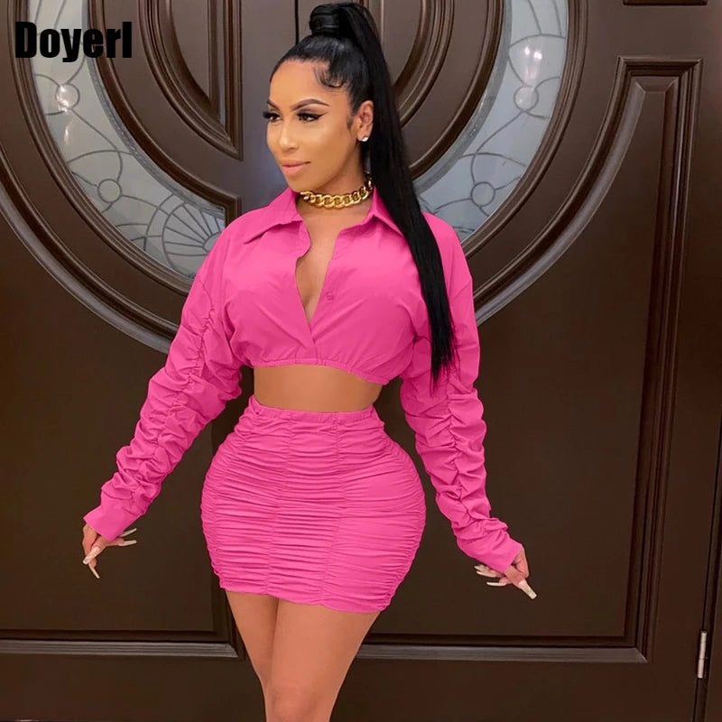 Ruched Sexy Two Piece Set Women Skirt and Top Fashion Mini Skirt Set for Women Party Club Elegant 2 Piece Sets Womens Outfits