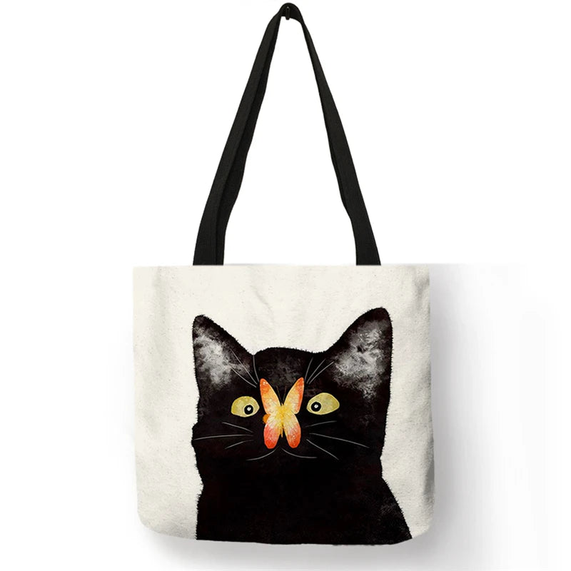 SY0114 Cute Black Cat Print Women Handbags Casual Totes Large Capacity Reusable Shopping Bags School Shoulder Book Storage Bag