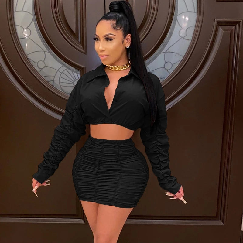 Ruched Sexy Two Piece Set Women Skirt and Top Fashion Mini Skirt Set for Women Party Club Elegant 2 Piece Sets Womens Outfits