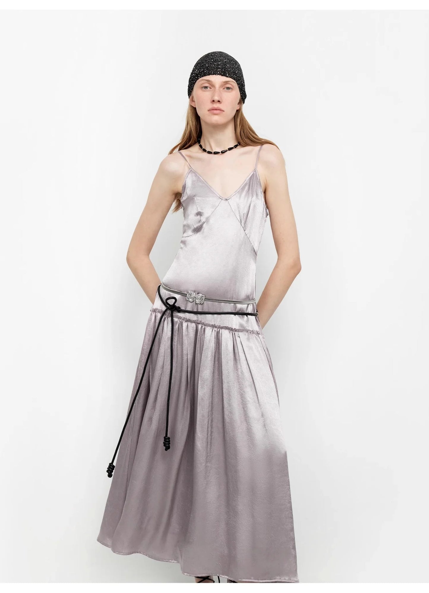 Luxurious and Light, Glossy and Silky 100% Acetate Low-Waisted Long Suspender Dress "Girls' Letterhead"