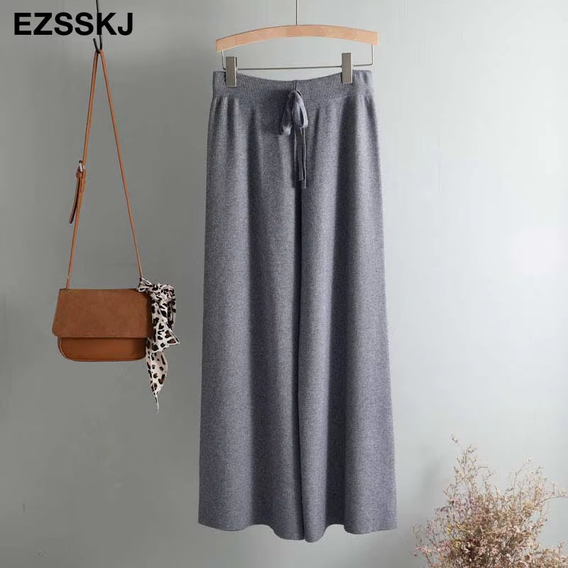 2020 Autumn Winter New THICK Casual Straight Pants Women Female Drawstring Loose Knitted Wide Leg Pants Casual Trousers