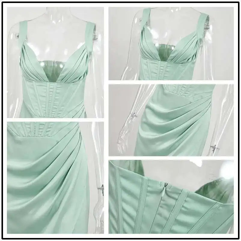 Stretch Satin Elegant Dress Women High Split Deep V Neck Sexy Party Dress 2021 Summer Dresses with Fishbone Vestidos