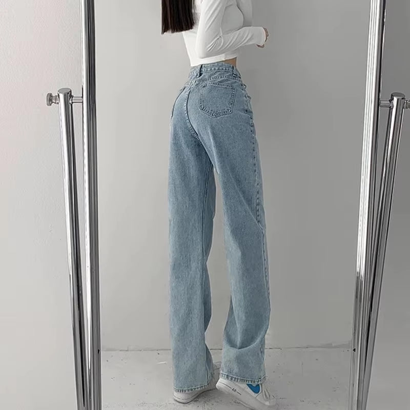 High Waist Jeans Women Loose Solid Mopping Simple Street Denim Trousers Girls Trendy Designed All-Match Young Lady Stylish Ins