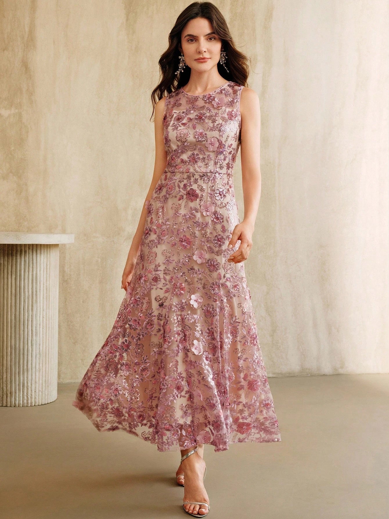 Anewsta Elegant Champagne Floral Embroidered Mesh Sleeveless Dress, Glamorous Resort Wear for Women, Spring/Summer Outfits