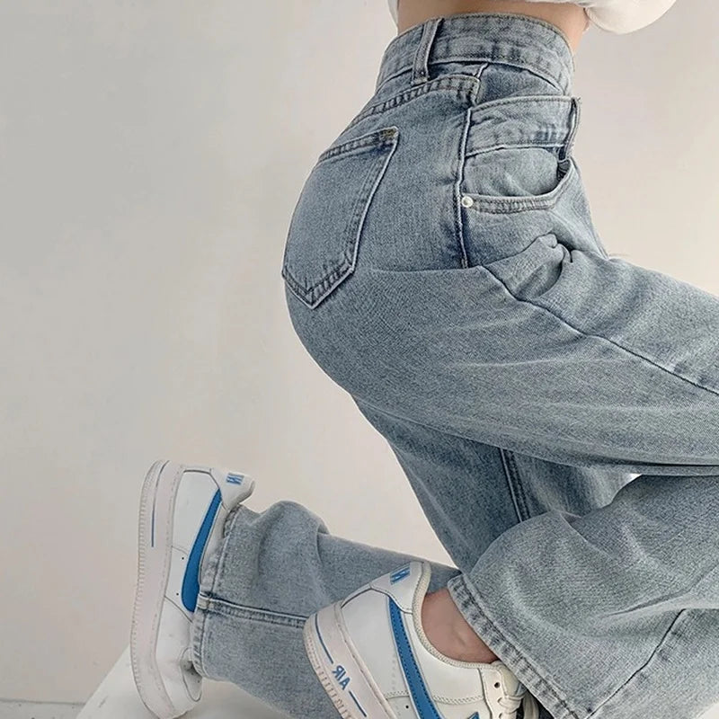 High Waist Jeans Women Loose Solid Mopping Simple Street Denim Trousers Girls Trendy Designed All-Match Young Lady Stylish Ins