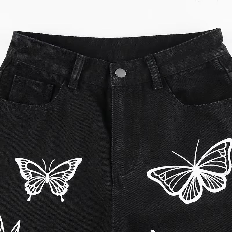 Black Baggy Jeans Women Butterfly Print Aesthetic Denim Pants Fashion High Waist Straight Long Trousers Ladies Streetwear 2021