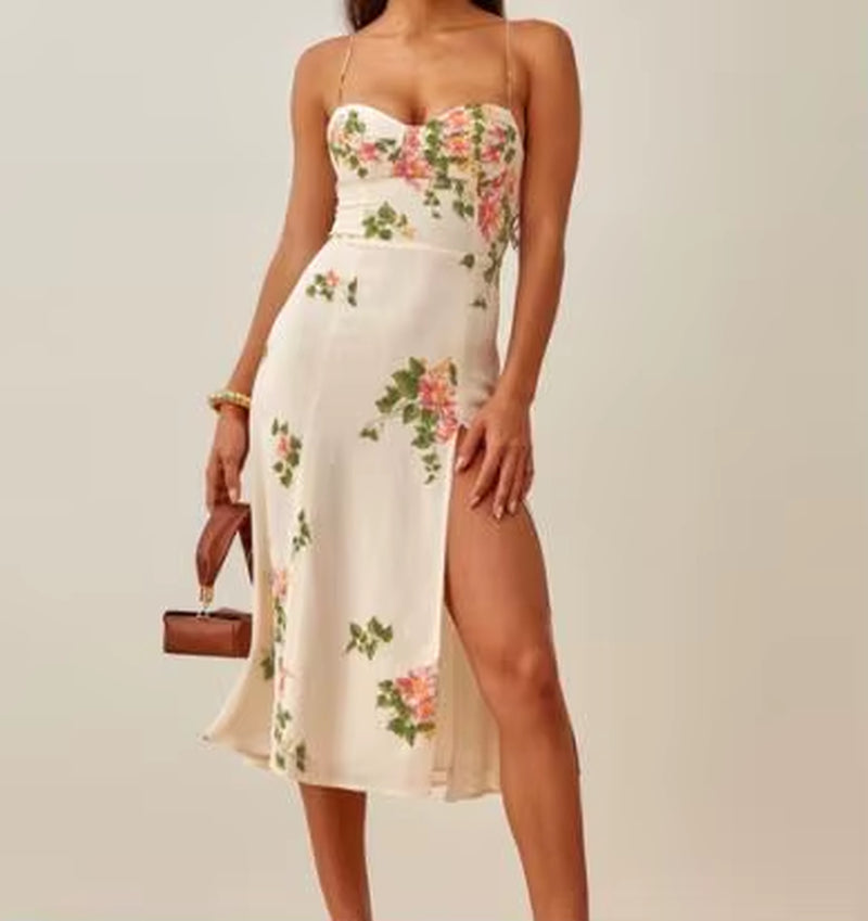 2025 Elegant Adjusts Blue Leopard Print Dress Elastic Bust Side Split Dress Party Midi Dresses