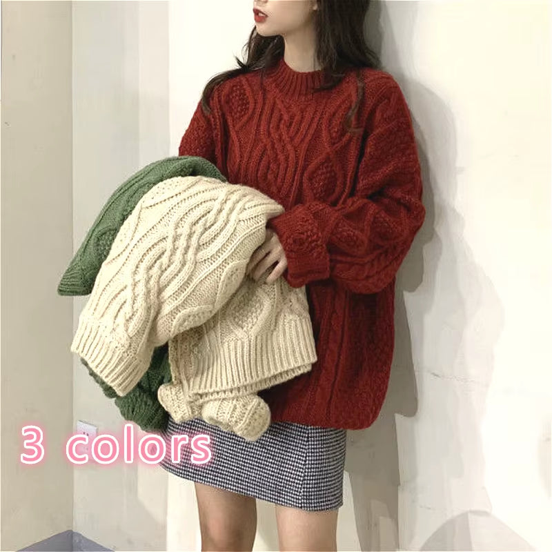 Pullovers Women Ins Preppy Loose Long Sleeve Retro Ladies Twisted Sweater All-Match Holiday Daily Sweet Femme Christmas Knitwear
