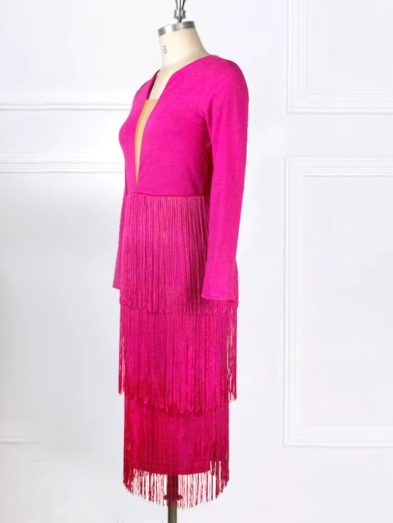 Office Ladies New Rose Red Fringe Sexy Dress Women's Spring Summer Fashion Knee Length Slim Party Night Dresses XXL Tassels