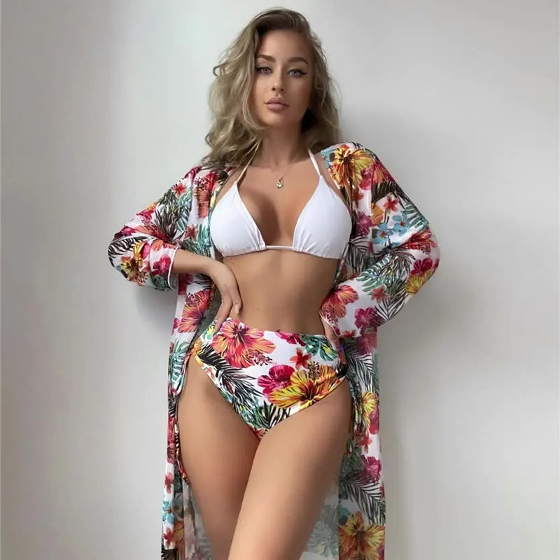 Floral Printed Halter Bikini 3 Pieces High Waisted Sexy Women Swimwear Padded Bikini Ser + Cover up Black/White/Orange Colors
