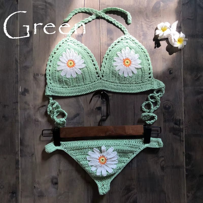 2019 New Fashion Beach Bikini Set Knitting Swimsuit Crochet Bohemia Style off Shoulder Bathing Handmade Sexy Bikini