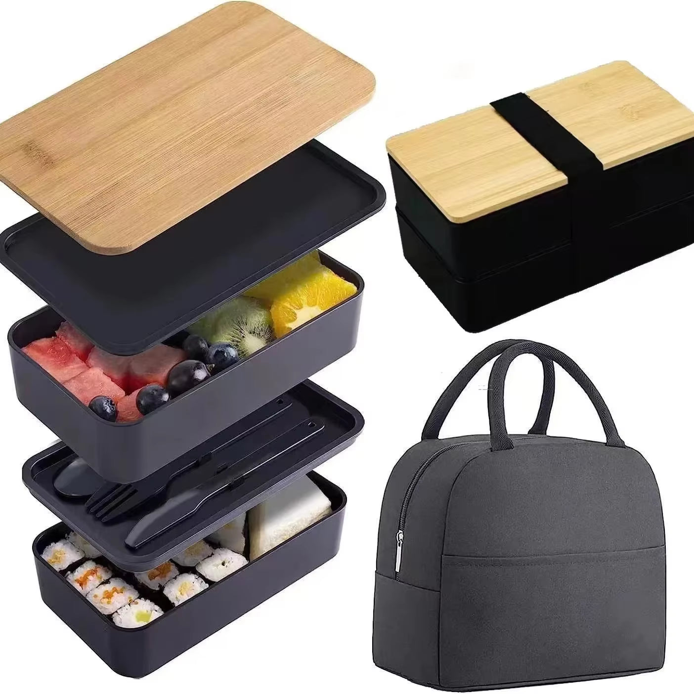 Japanese Style Double Layer Lunch Box Bamboo Cover Insulated Thermal Lunch Box with Seal and Utensils Microwave Safe Food Preser