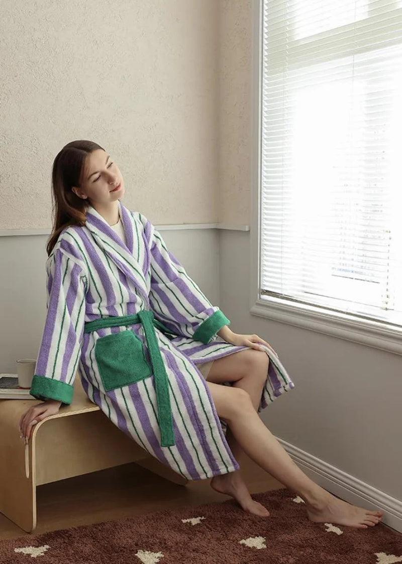 Ultra Soft Whimsical Retro Stripe Bathrobe - 100% Organic Long-Stapled Cotton