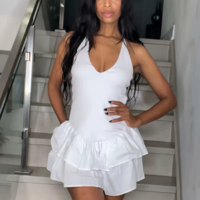 off Shoulder Women'S Dress Halter Solid Short Dresses 2025 Woman V Neck Layered Mini Dress Backless Party Dress for Women