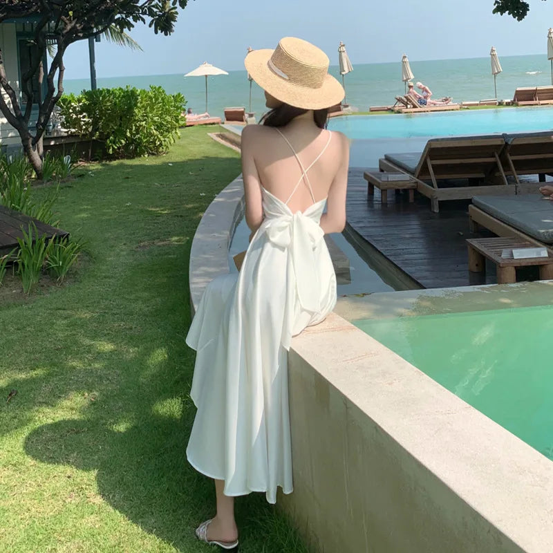 Backless Bow Satin White Dresses for Women Long Vacation Beach Summer Dress 2025