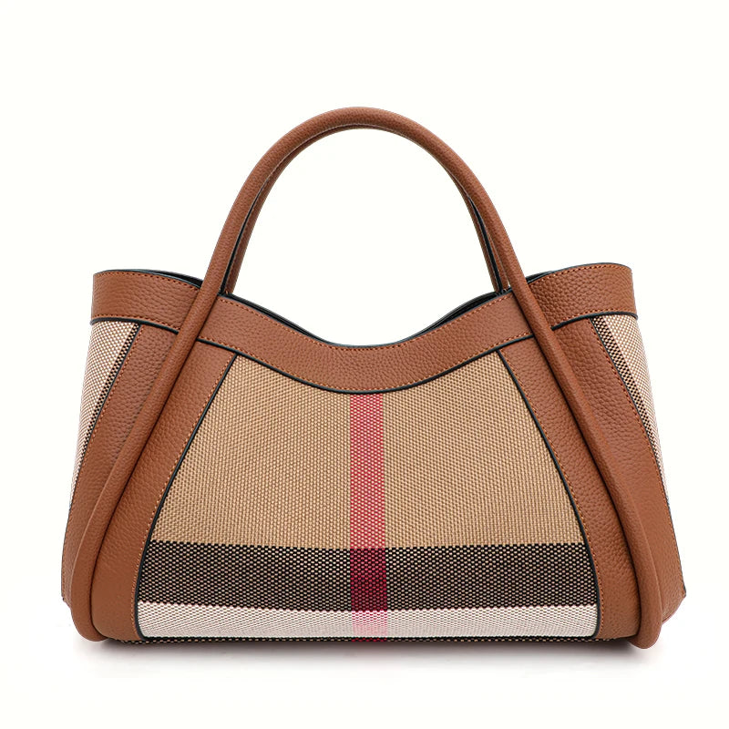 2025 New Retro Checkered Women'S Handbag, Large Capacity Luxury Bag, Canvas Genuine Leather Bag