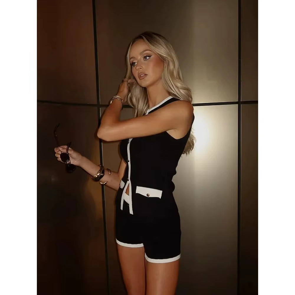 2025 Summer Women Black Clubwear: Sexy Knit Short Pants Suit Elegant-Sexy Sleeveless 2 Piece Set with Buckle Double Pockets