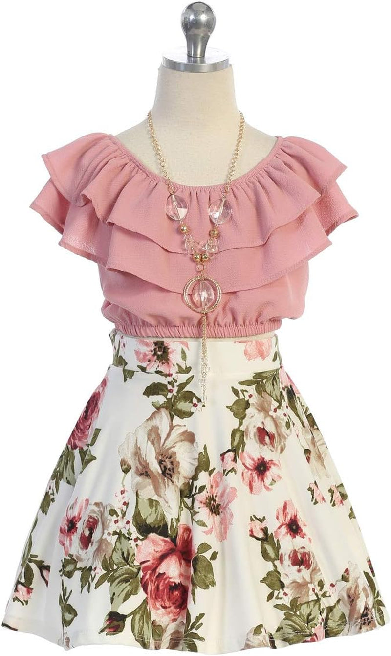 Girls off Shoulder Crop Ruffle Layered Top and Skirt Set Outfit USA 4-14