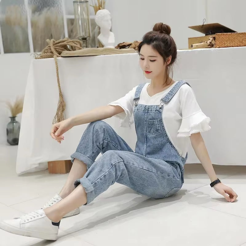 Denim Jumpsuits Women Spring Basic Washed Blue Overalls Outwear Office Lady Womens Elegant Long Trouser Rompers Female Casual
