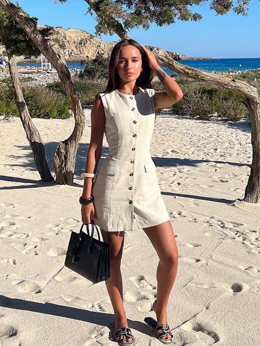 Casual Linen Dresses Women Slim Sleeveless Single Breasted Fashion Mini Robe Female Summer Solid round Neck High Waist Dresses