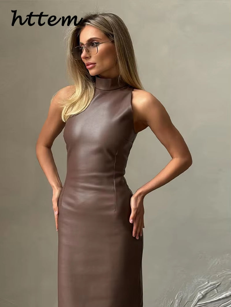 Vintage Midi Leather Dress Women Slim Turtleneck Sleeveless Hip Package Female Dresses 2025 Autumn Lady Elegant Party Vestidos