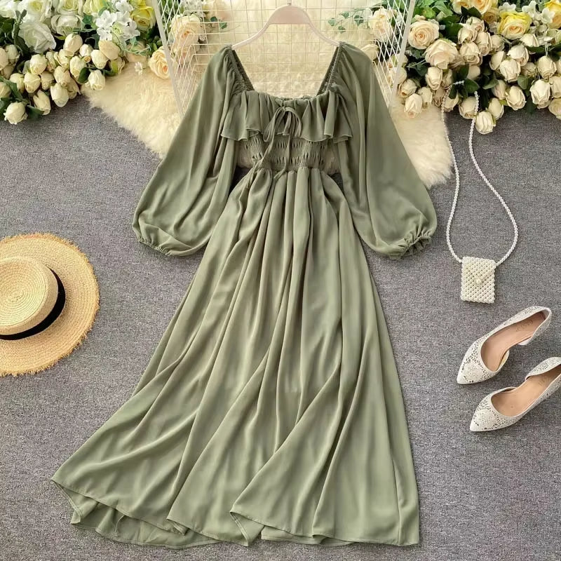 Chic Elegant Square Collar Maxi Dress Women Solid Chiffon Puff Sleeve Dresses 2025 Beach Party Robe Vintage Ruffle Vestidos Y2K