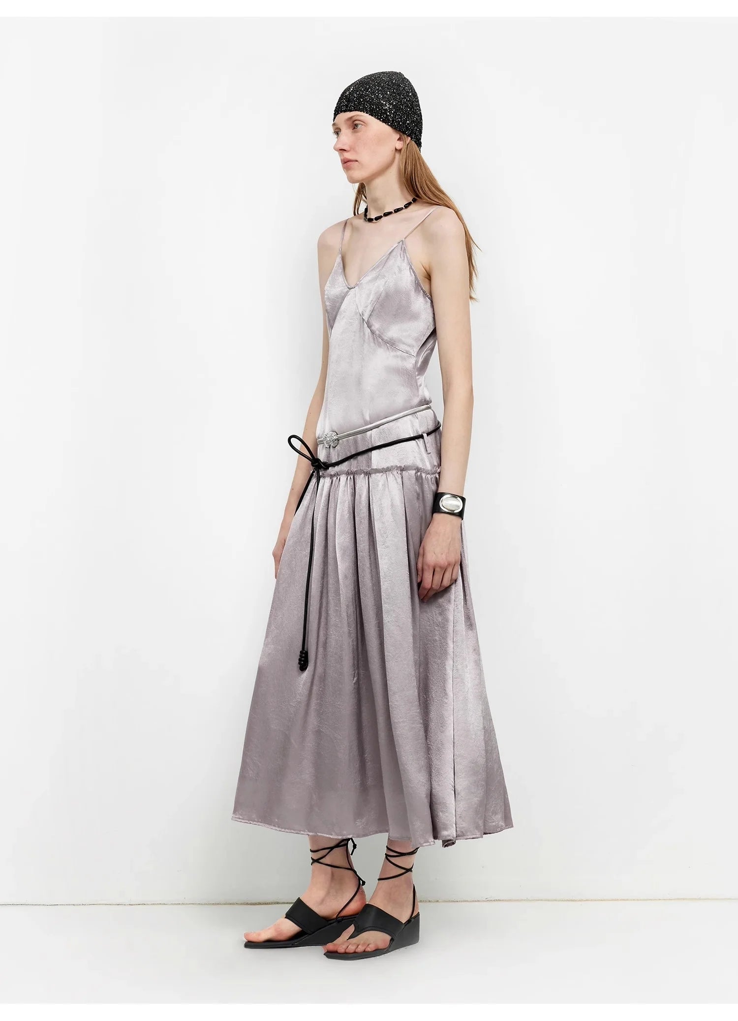 Luxurious and Light, Glossy and Silky 100% Acetate Low-Waisted Long Suspender Dress "Girls' Letterhead"