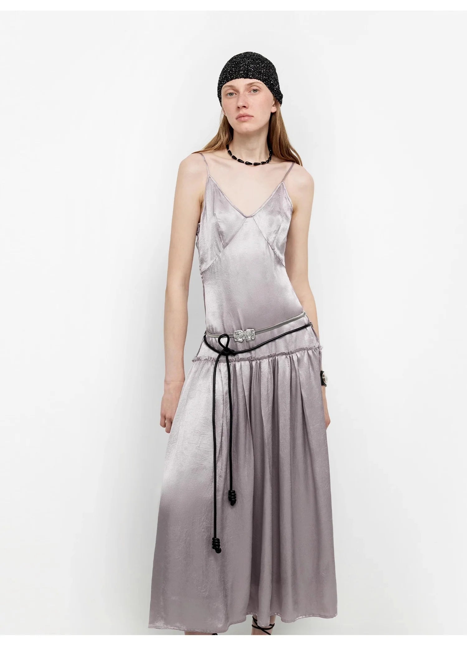Luxurious and Light, Glossy and Silky 100% Acetate Low-Waisted Long Suspender Dress "Girls' Letterhead"