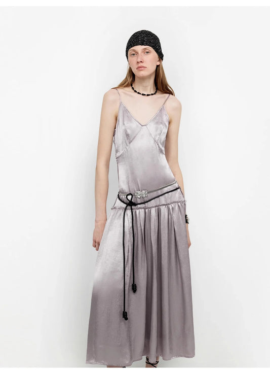 Luxurious and Light, Glossy and Silky 100% Acetate Low-Waisted Long Suspender Dress "Girls' Letterhead"