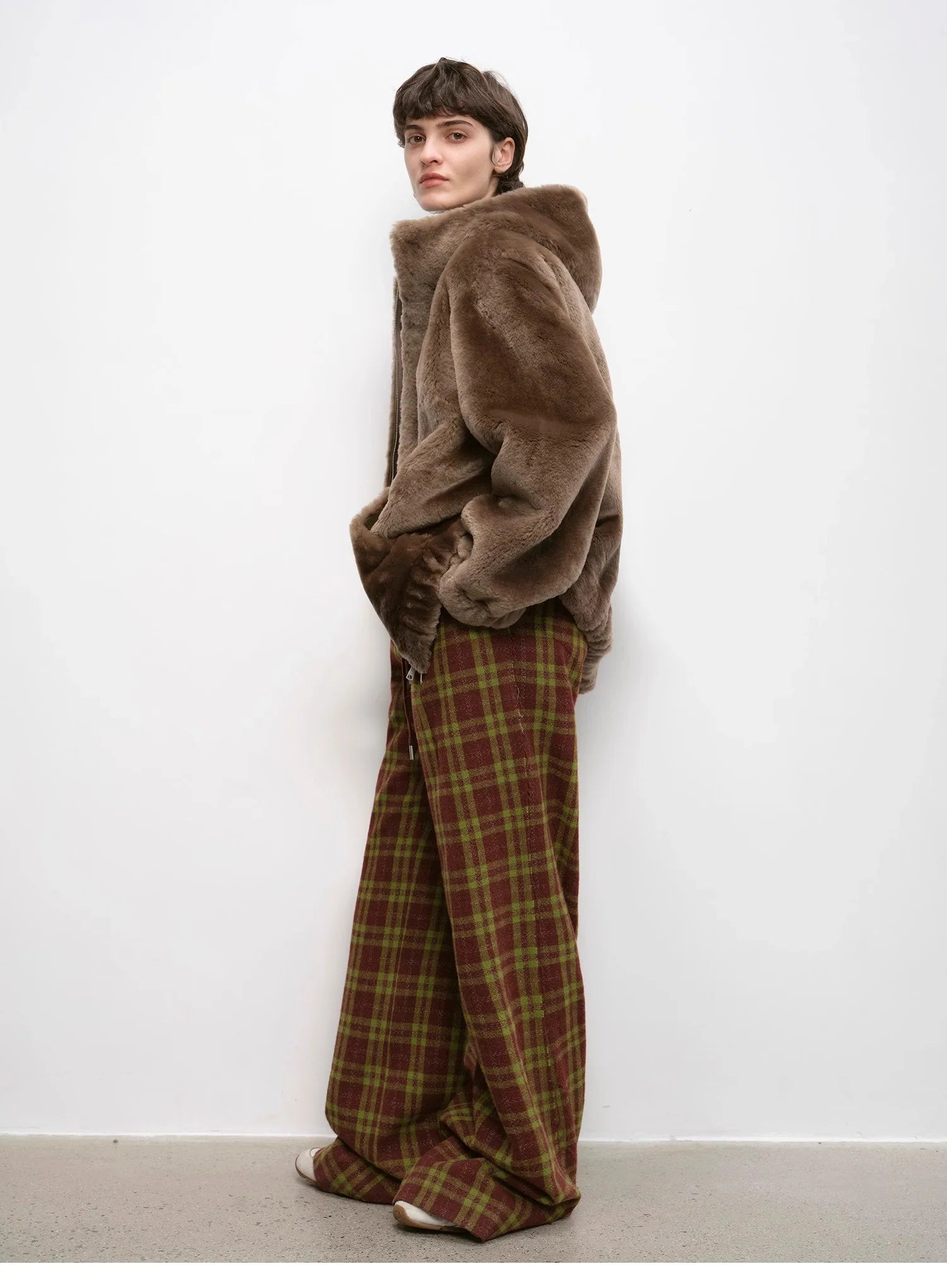 "Vintage Opportunity" High-Proportion Merino Wool Single Pleated Plaid Tweed Low-Rise Wide-Leg Casual Pants