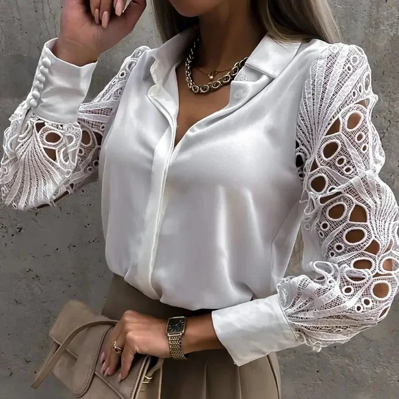 White Sexy Lace Hollow Out Women Blouse Autumn Spring Black Top Vintage Button up Shirts Long Sleeve Tops