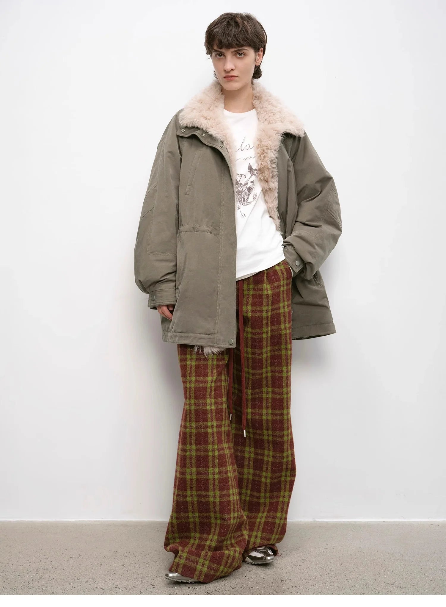 "Vintage Opportunity" High-Proportion Merino Wool Single Pleated Plaid Tweed Low-Rise Wide-Leg Casual Pants