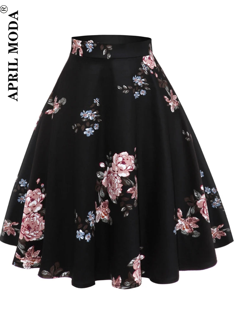 A Line Midi Floral Retro Skirt High Waist Cotton Vintage Women School Flower Print Elegant Pleated 50S Swing Skater