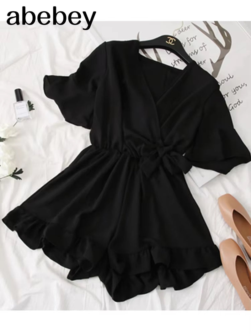 Women Rompers Casual Wide Leg Pants Overalls Short Sleeve V Neck Solid Playsuits Summer Beach Chiffon Ruffle Jumpsuits