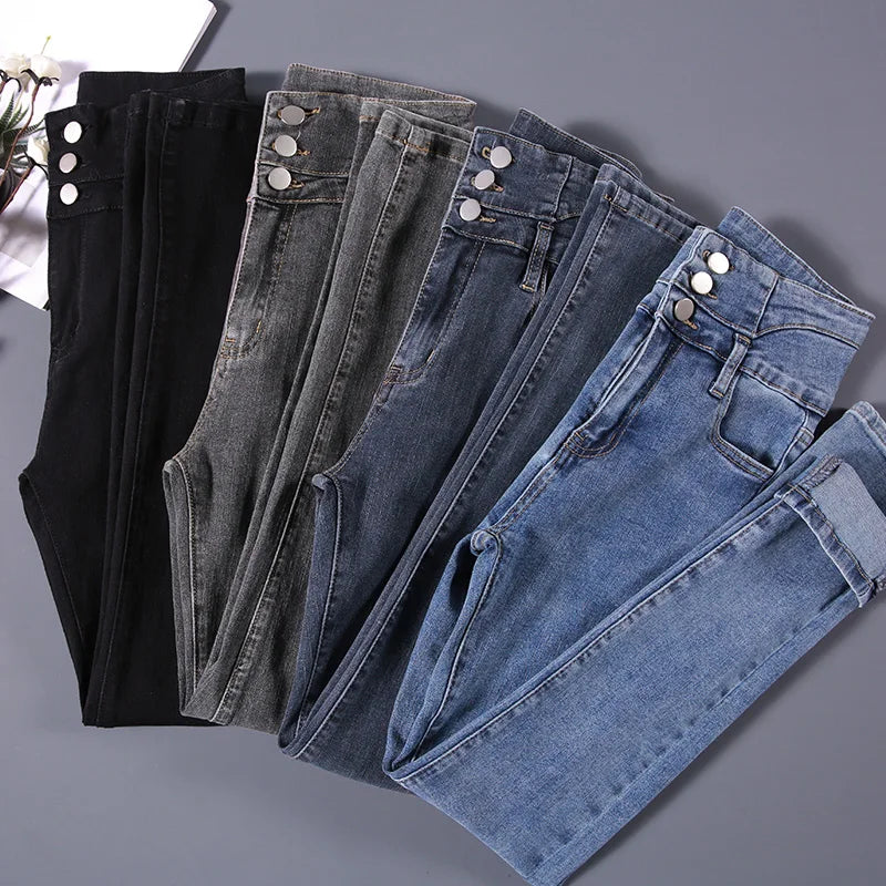 High-Quality New Vintage High-Waist Stretch Skinny Jeans, Women'S Fashion Stretch Button Pencil Pants, Mom Casual Jeans Pants