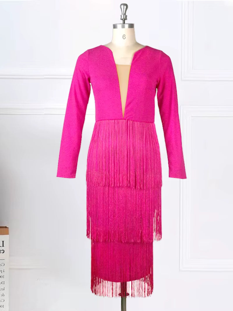 Office Ladies New Rose Red Fringe Sexy Dress Women's Spring Summer Fashion Knee Length Slim Party Night Dresses XXL Tassels