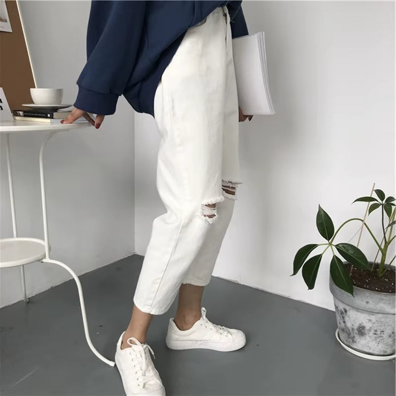 Jeans Women Ripped Hole High Waist Zipper Fly Button Straight Ankle-Length Womens Trousers Basic Bottoms Black Jean Femme Chic