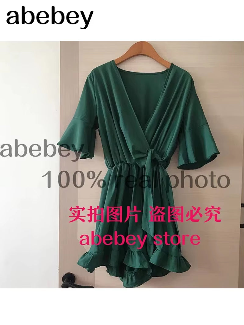 Women Rompers Casual Wide Leg Pants Overalls Short Sleeve V Neck Solid Playsuits Summer Beach Chiffon Ruffle Jumpsuits