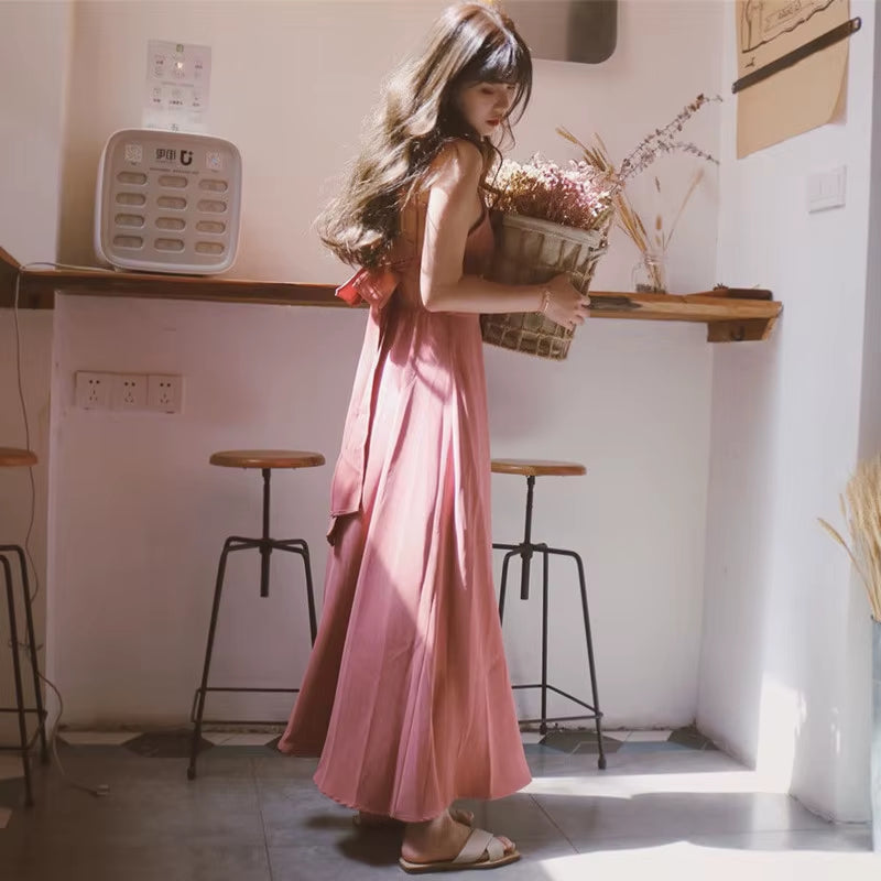 Fashion Spaghetti Strap Backless Dress for Women Summer Simple Solid Color A-Line Slim Long Dresses 2021 New Ladies Clothes