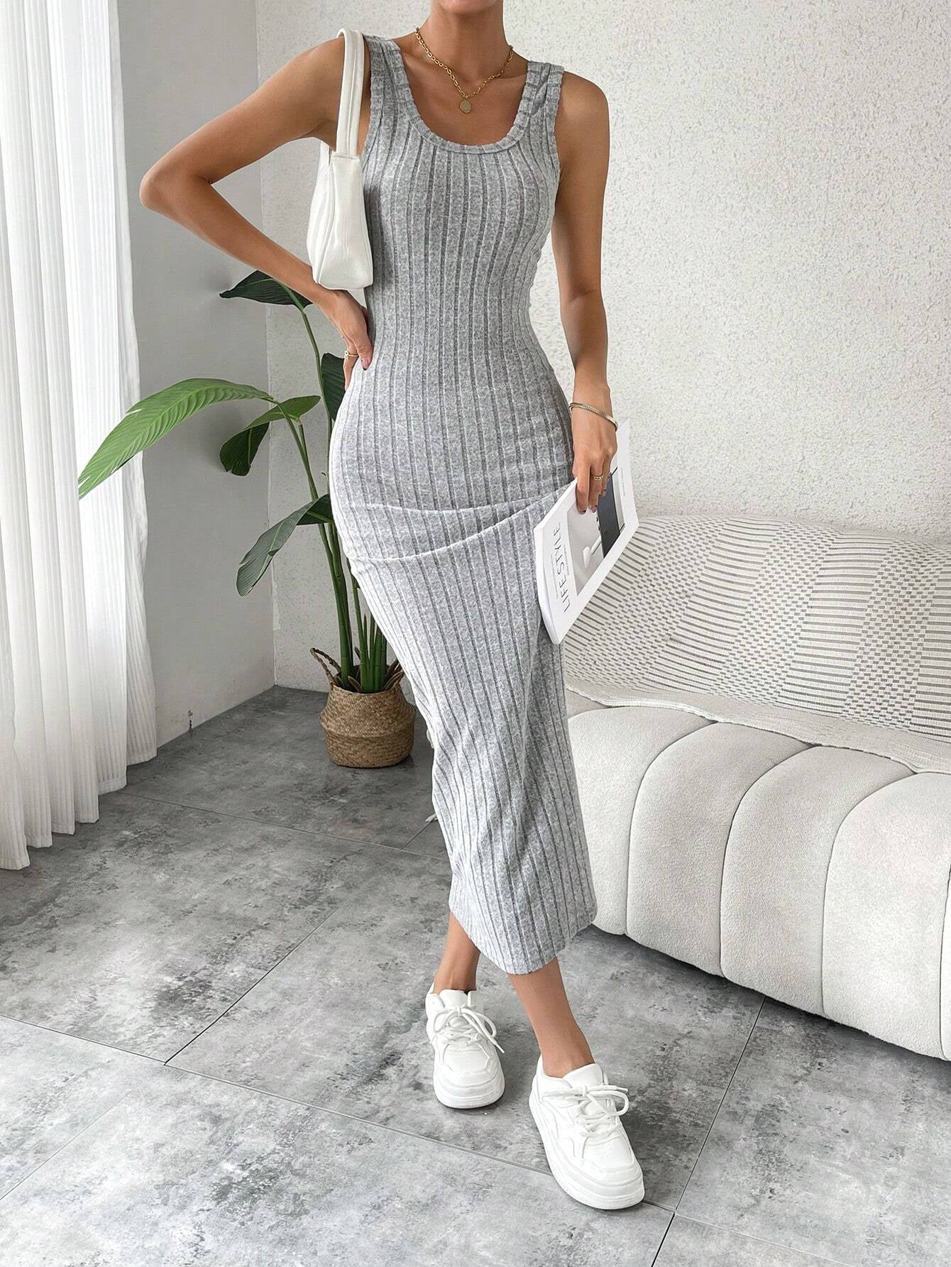 Zielony Autumn Backless Soft Fabric Ribbed Casual Dress for Women