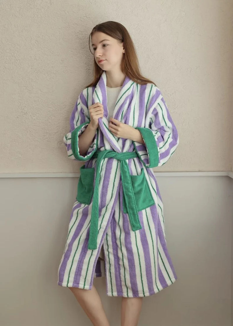 Ultra Soft Whimsical Retro Stripe Bathrobe - 100% Organic Long-Stapled Cotton