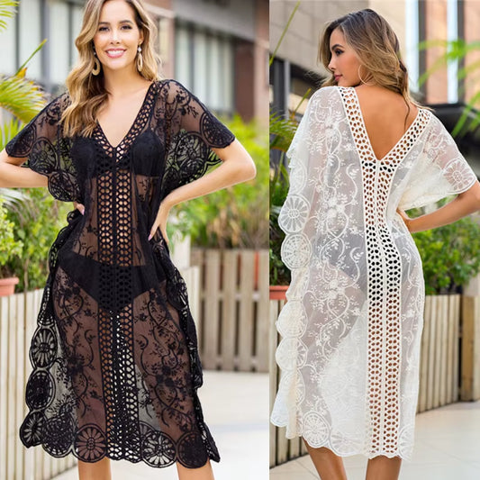 Bikini Cover Ups for Women Beach Tunic Black White Lace Saida De Praia Dress Summer Long Robe Cover up 2025 Maxi Dresses Coverup