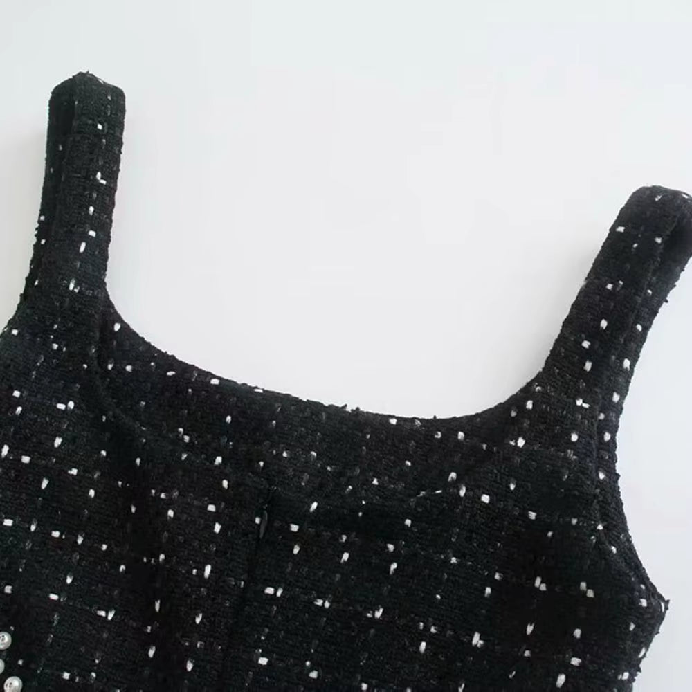 Tweed Dress Women Sexy Bodycon Slip Dress for Women 2021 Vintage Black Casual Women Clothing Hollow Out Waist Mini Dresses