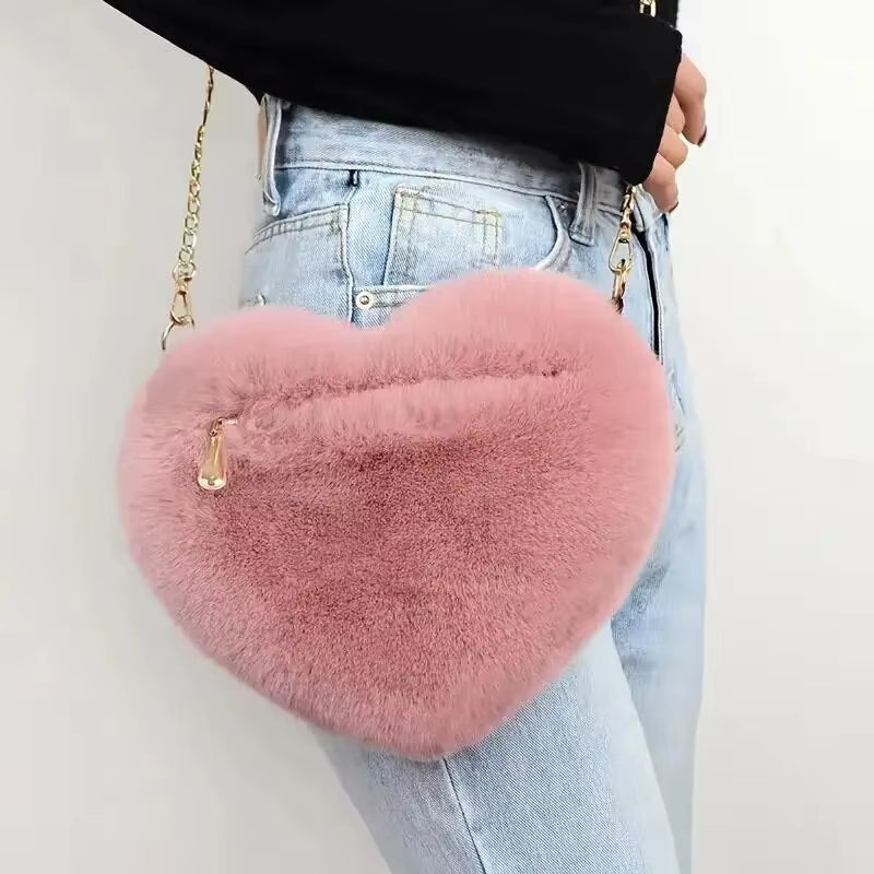 Heart Shaped Fluffy Shoulder Bag Fashion Chain Crossbody Bag Plush Handbag Cute Zipper Purse for Valentine'S Day