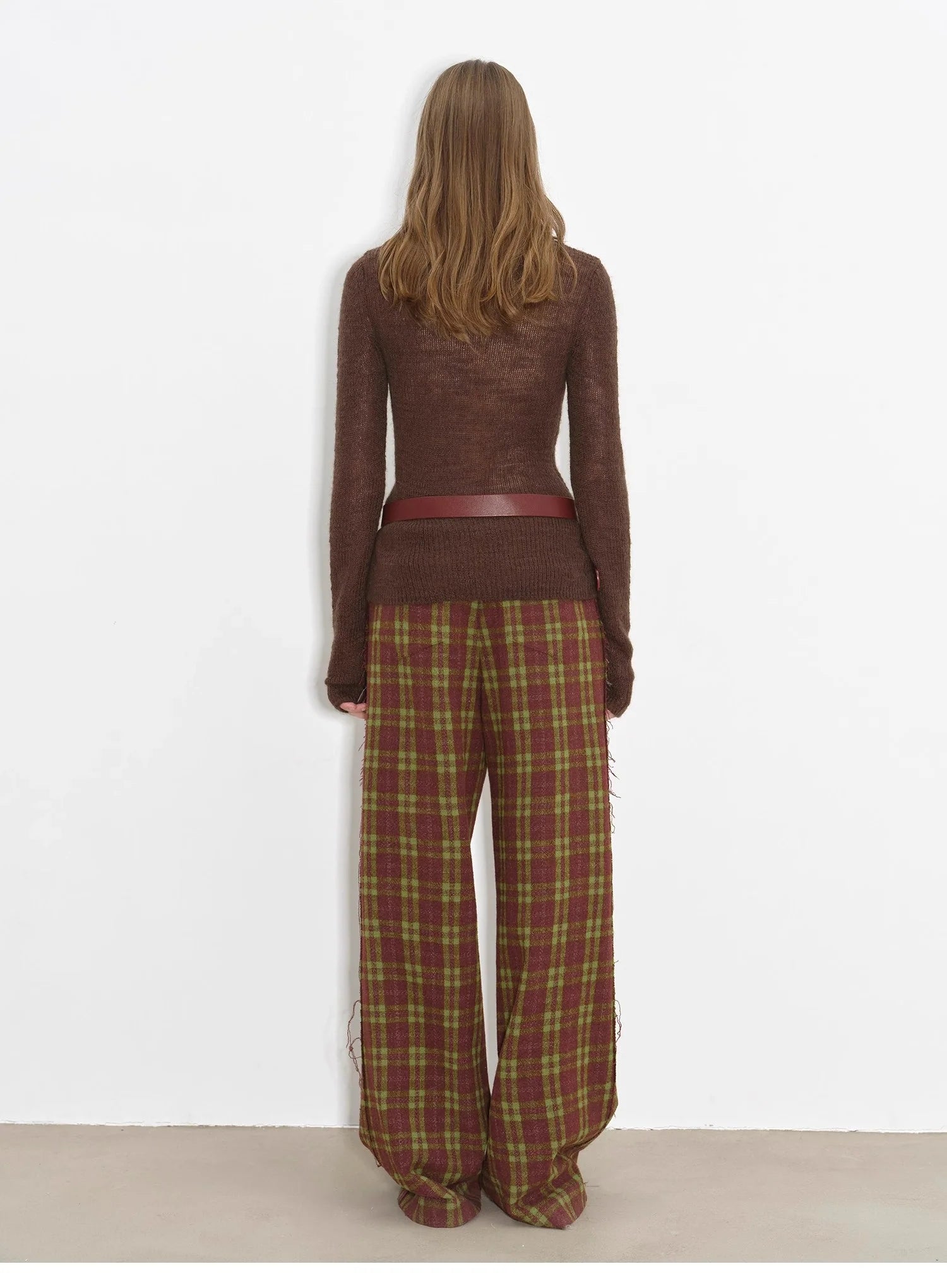 "Vintage Opportunity" High-Proportion Merino Wool Single Pleated Plaid Tweed Low-Rise Wide-Leg Casual Pants