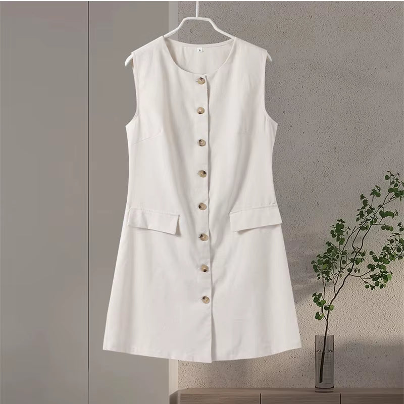 Casual Linen Dresses Women Slim Sleeveless Single Breasted Fashion Mini Robe Female Summer Solid round Neck High Waist Dresses