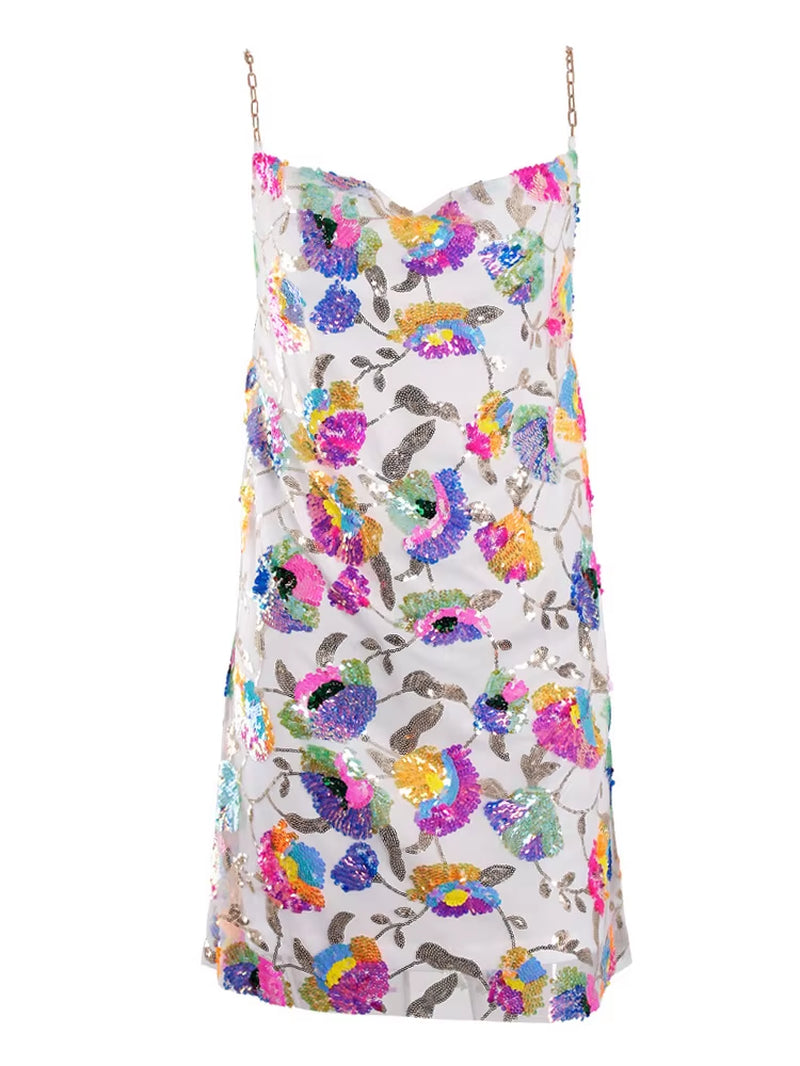 Pink Shine Sequin Backless Slip Mini Dress White Chain Straps Sexy Short Cocktail Party Night Dresses Lush Prom Summer