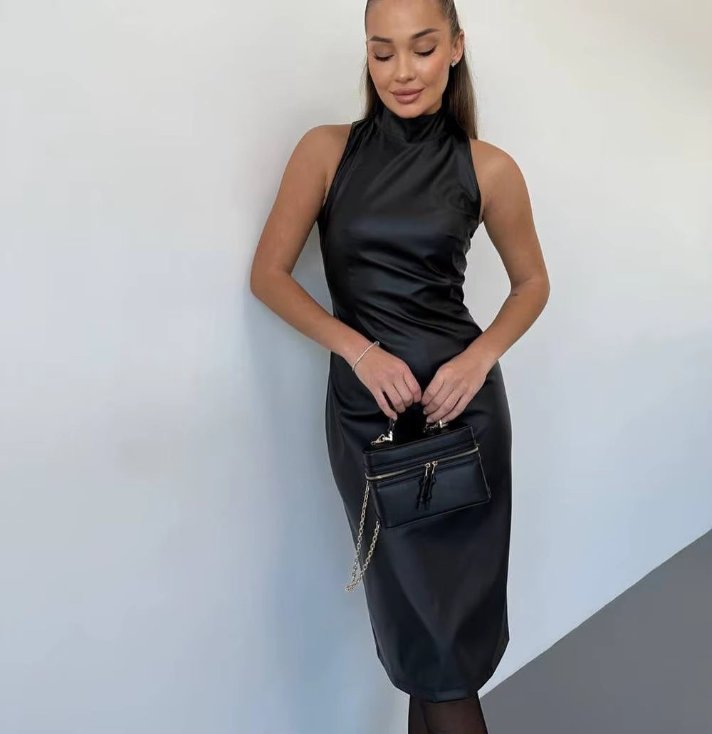 Vintage Midi Leather Dress Women Slim Turtleneck Sleeveless Hip Package Female Dresses 2025 Autumn Lady Elegant Party Vestidos