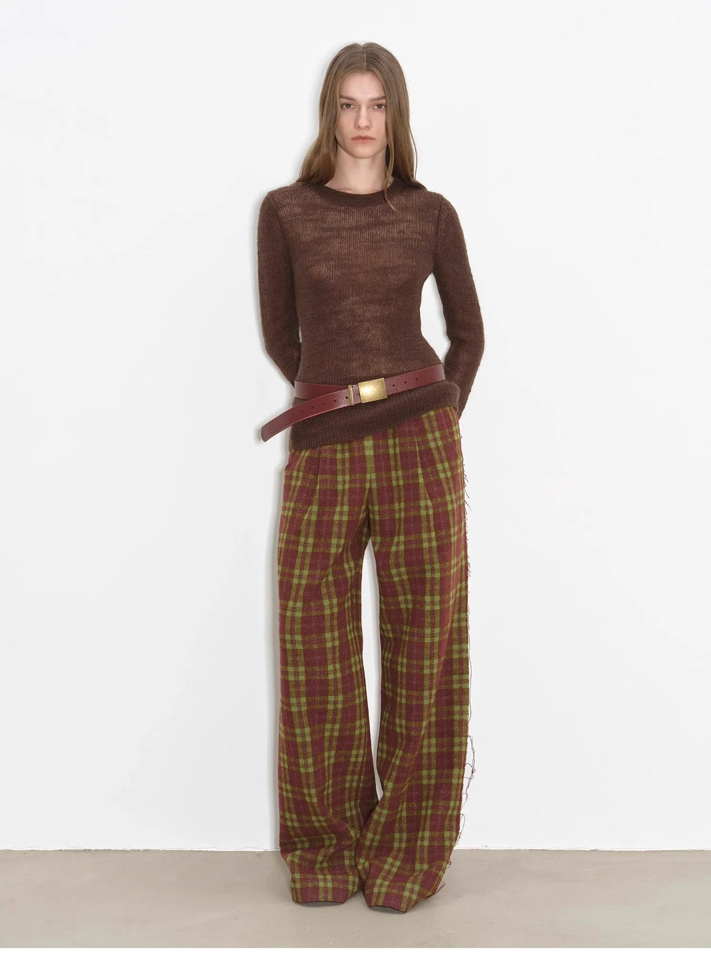 "Vintage Opportunity" High-Proportion Merino Wool Single Pleated Plaid Tweed Low-Rise Wide-Leg Casual Pants