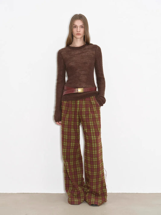 "Vintage Opportunity" High-Proportion Merino Wool Single Pleated Plaid Tweed Low-Rise Wide-Leg Casual Pants